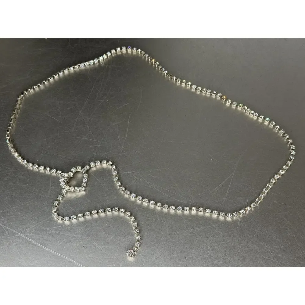 Vintage Heart Clear Square Rhinestone Necklace Or Belt 38in Hollywood Glam